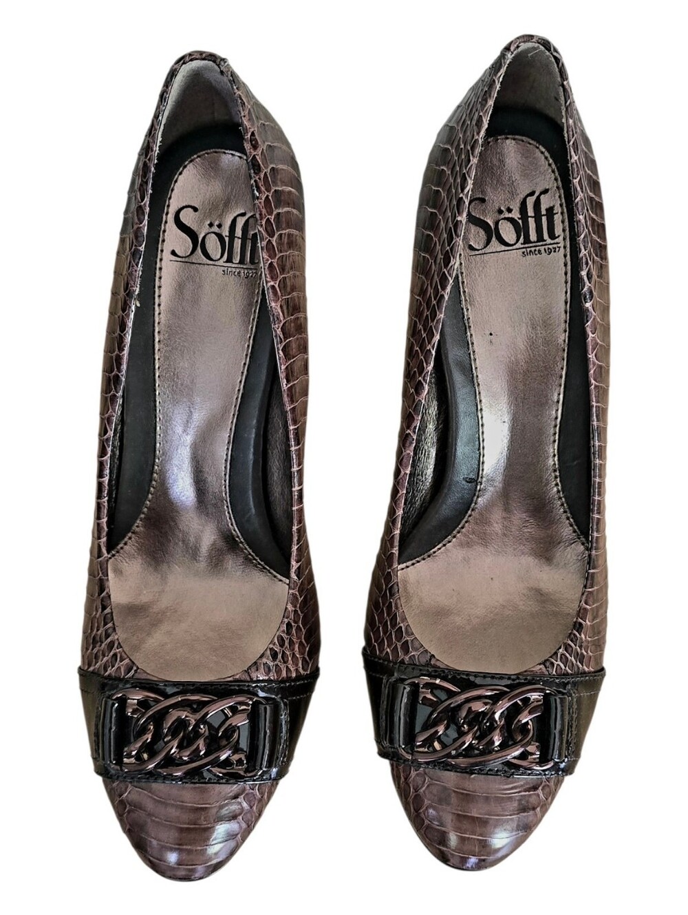 New w/o Box Sofft Women's Brown Croc-Embossed Leather Flats w/Chain Accent 7.5m